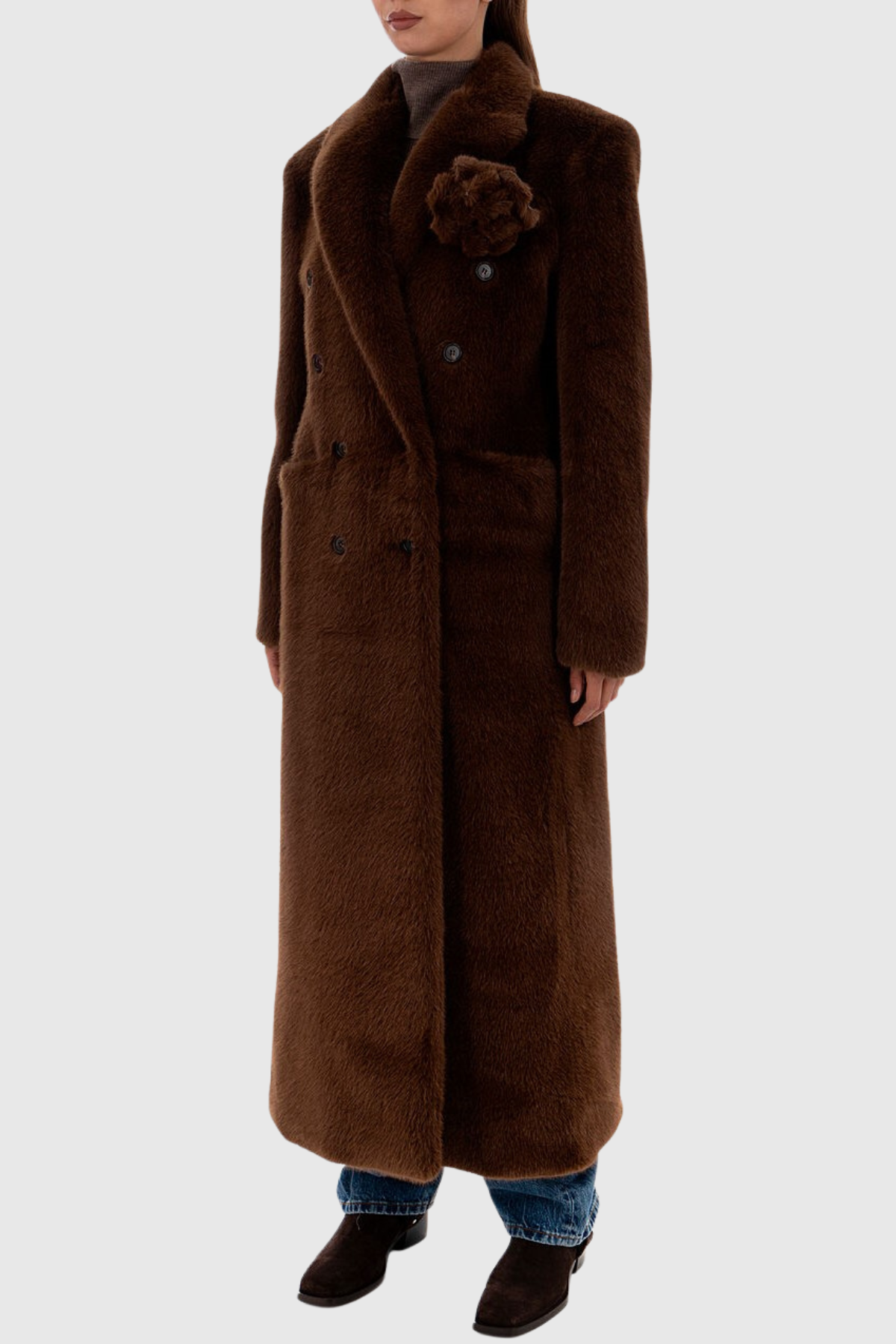 Makari Faux Fur Floral Brooch Coat