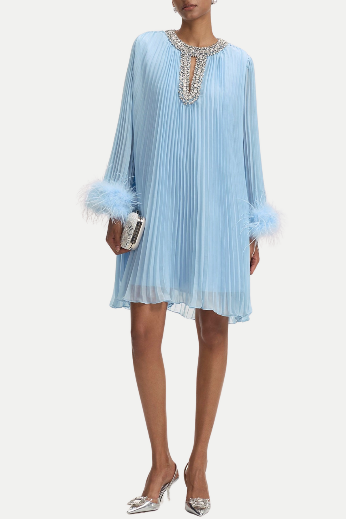Manja Diamante Chiffon Feather Mini Dress - Blue-16