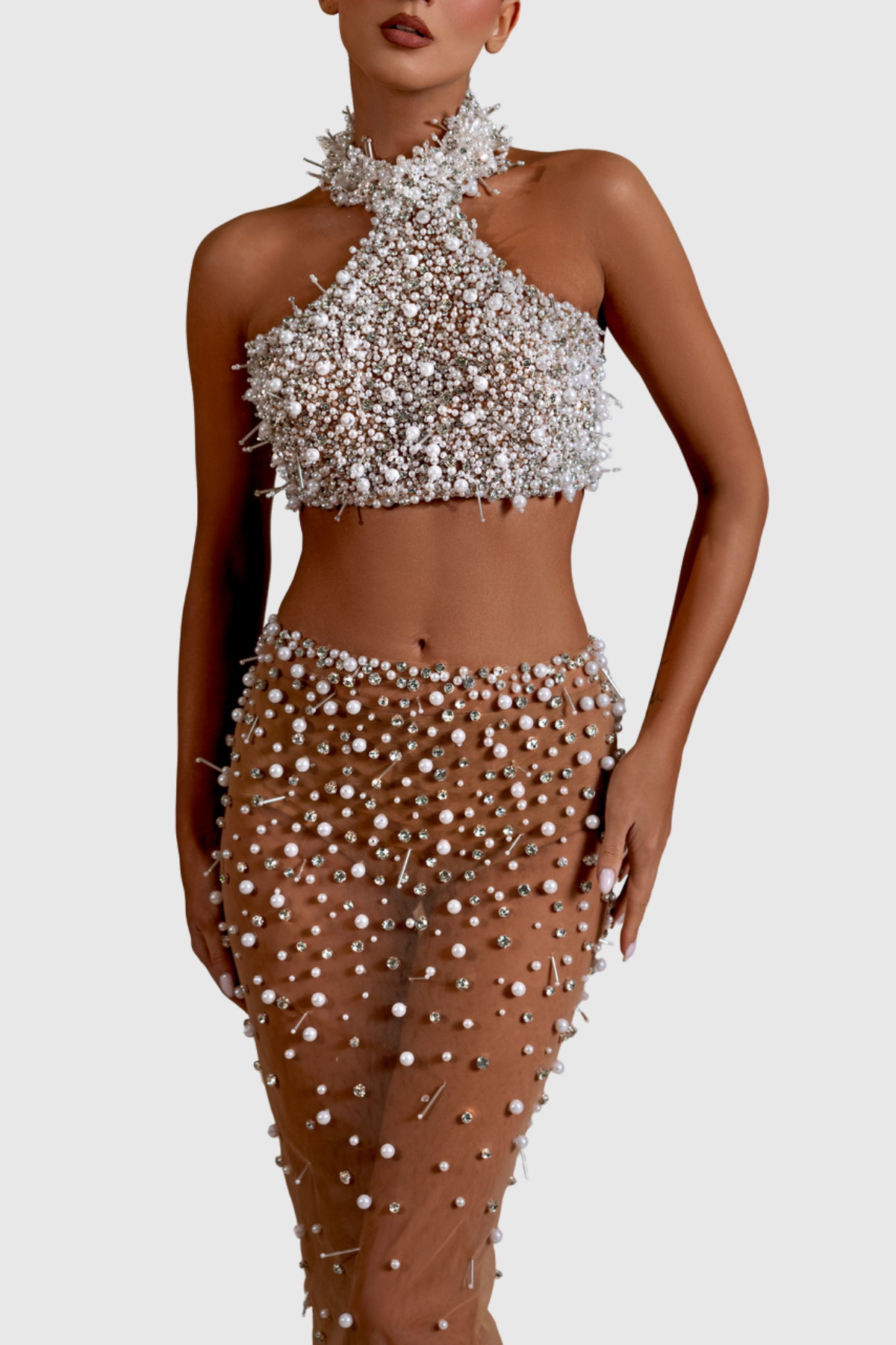 Marka Halter Crystal Pearl Top & Mesh Skirt Set