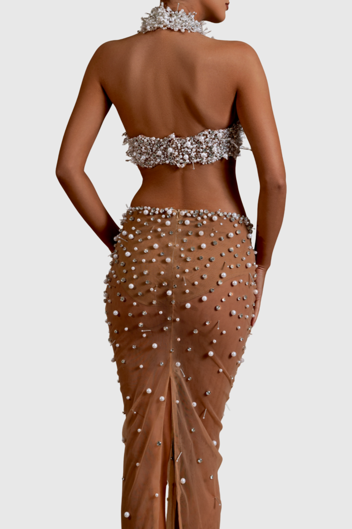 Marka Halter Crystal Pearl Top & Mesh Skirt Set