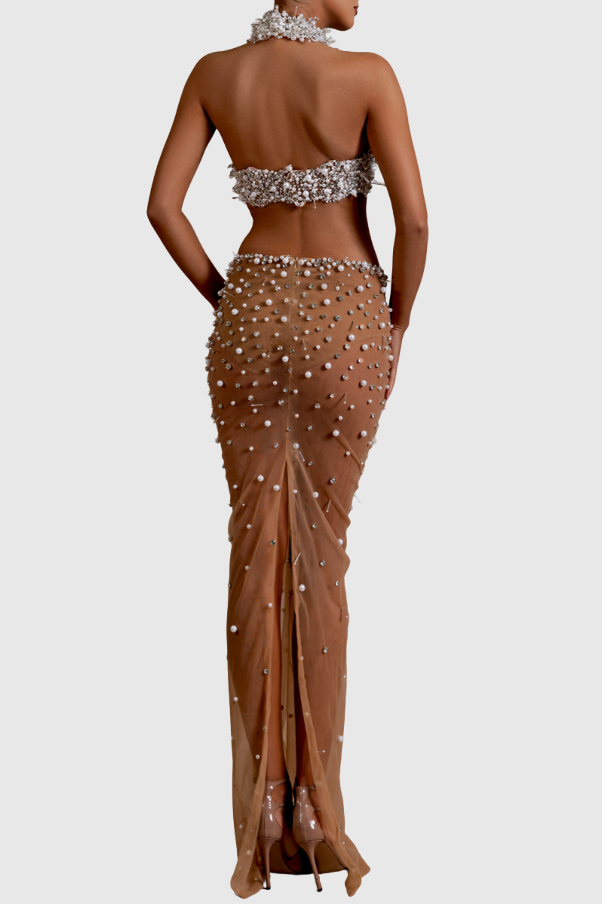 Marka Halter Crystal Pearl Top & Mesh Skirt Set