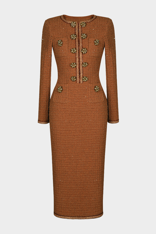 Mikya Waffle Knit Embellished Midi Dress - Brown