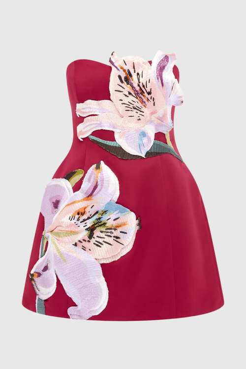 Mimoza Floral Appliqué Strapless Mini Dress - Hot Pink