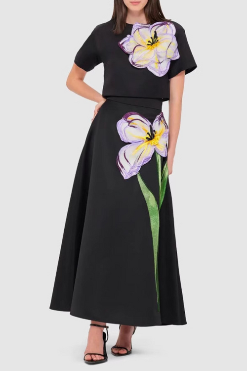 Mimoza Floral Appliqué Two Piece Set - Black