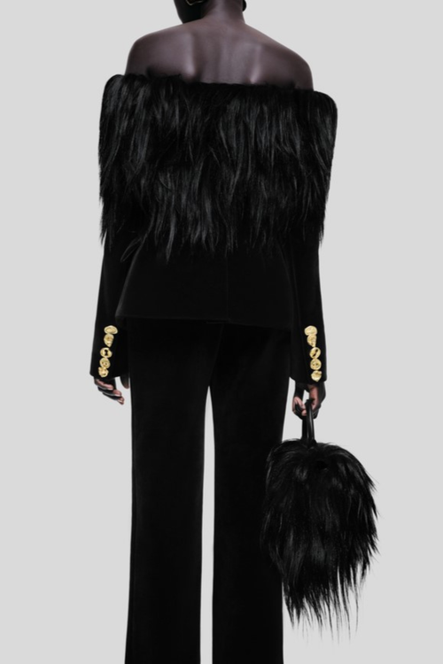 Niama Off Shoulder Feather Blazer