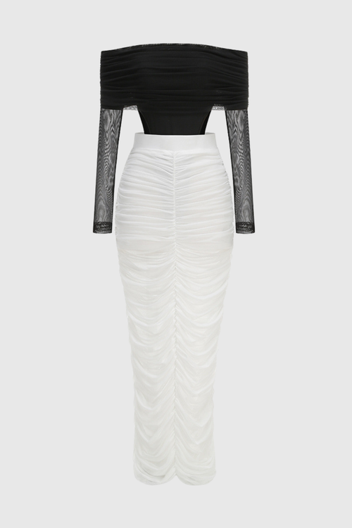 Oaks Off Shoulder Mesh Ruched Bodysuit & Maxi Skirt Set