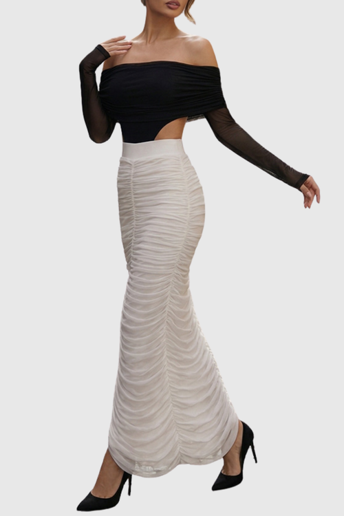 Oaks Off Shoulder Mesh Ruched Bodysuit & Maxi Skirt Set