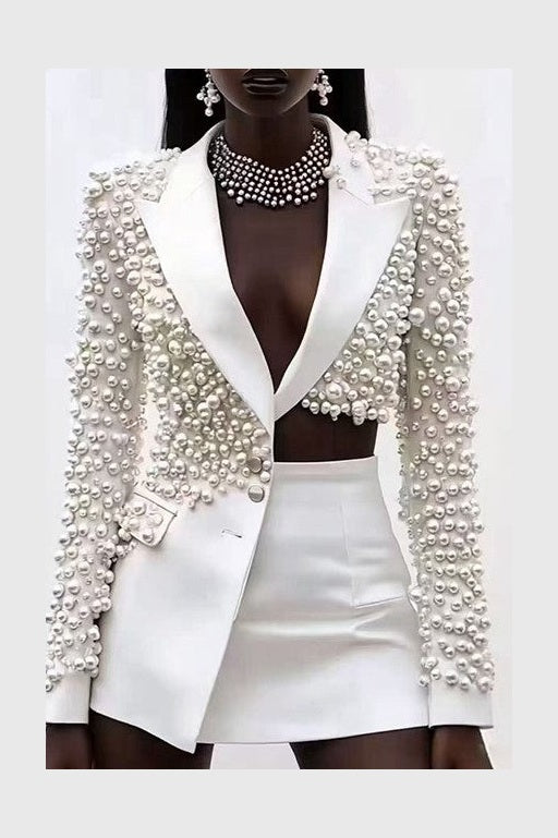 Olwa Asymmetrical Pearl Embellished Blazer & Skirt set