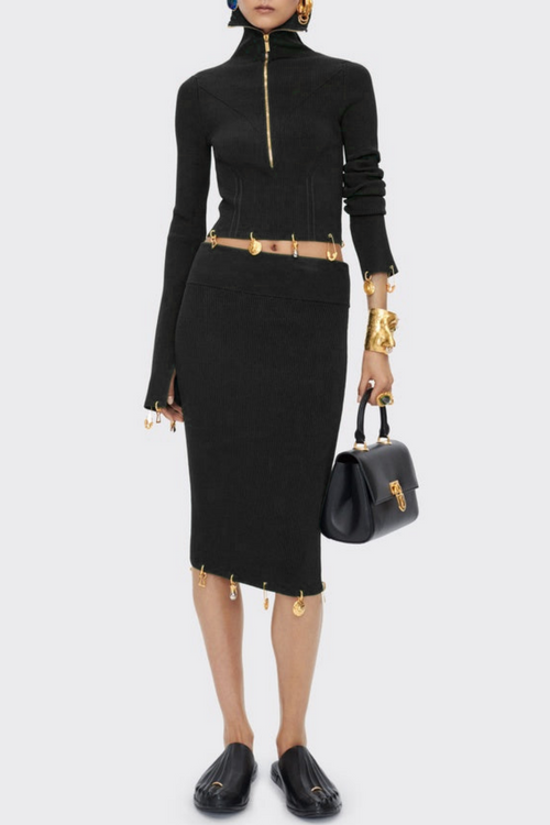 Ortiza Metal Embellished Knit Top & Midi Skirt Set - Black