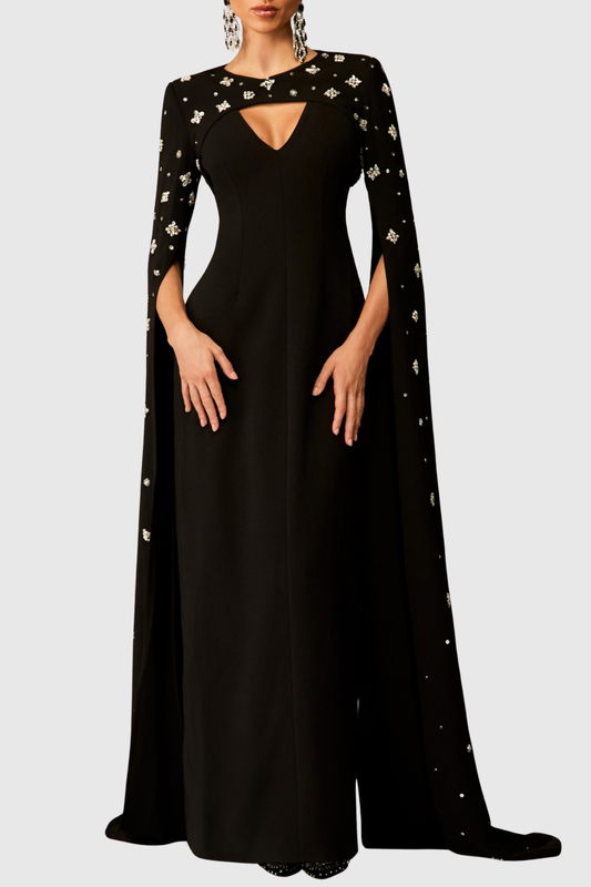 Oslo Crystal Embellished Heart Cutout Cape Sleeve Maxi Dress - Black