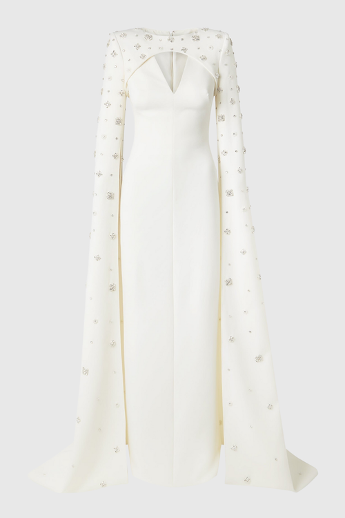 Oslo Crystal Embellished Heart Cutout Cape Sleeve Maxi Dress - White