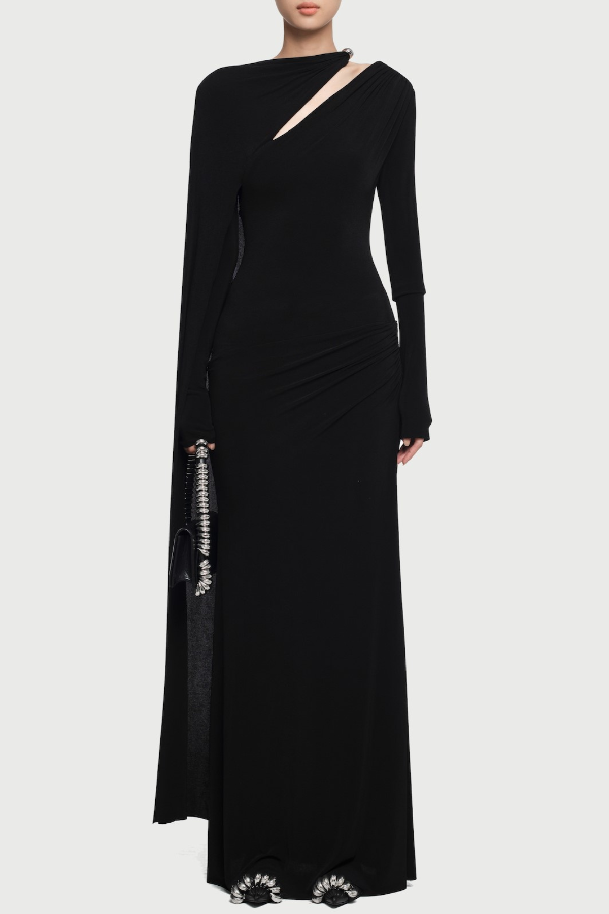 Ozzie Asymmetrical Cape-sleeve Cutout Maxi Dress - Black