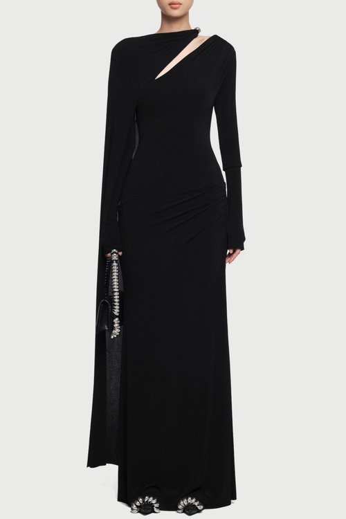 Ozzie Asymmetrical Cape-sleeve Cutout Maxi Dress - Black