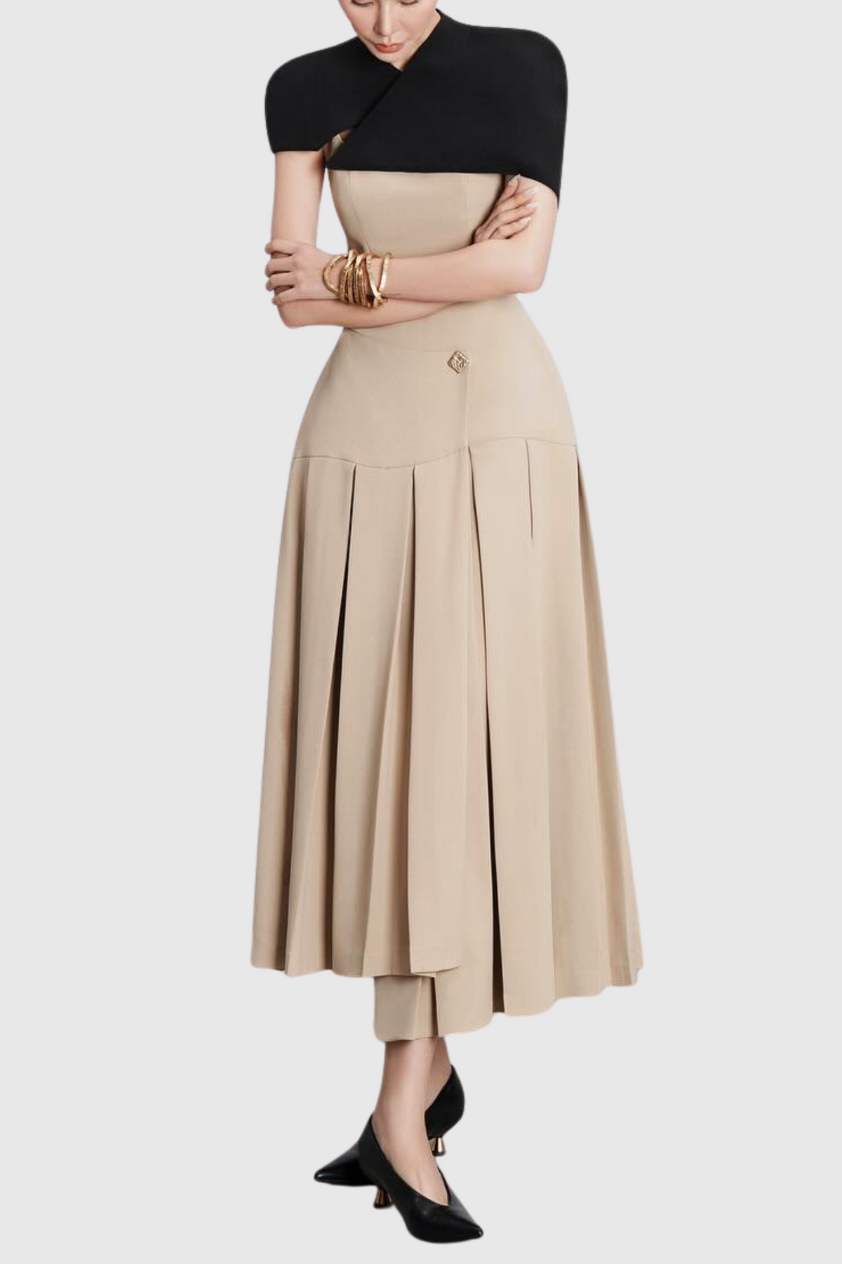 Pasha Cape Asymmetrical Pleated Midi Dress
