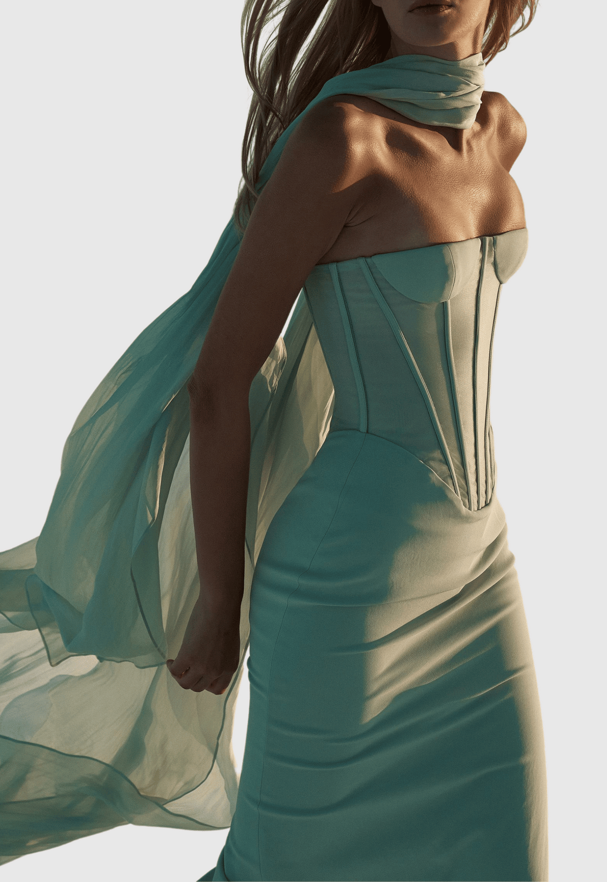 Ramire Strapless  Mesh Scarf Corset Maxi Dress