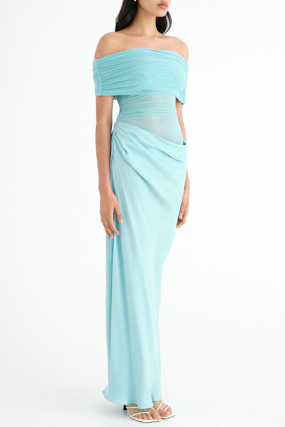 Reanko Off Shoulder Ruched Mesh Maxi Dress - Blue