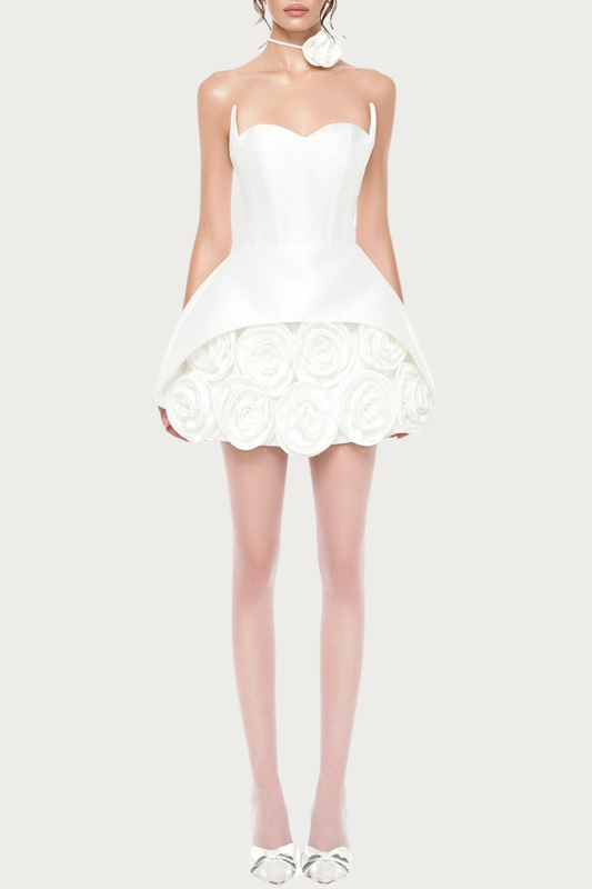 Remiel Strapless Rose Appliqué Corset Mini Dress - White