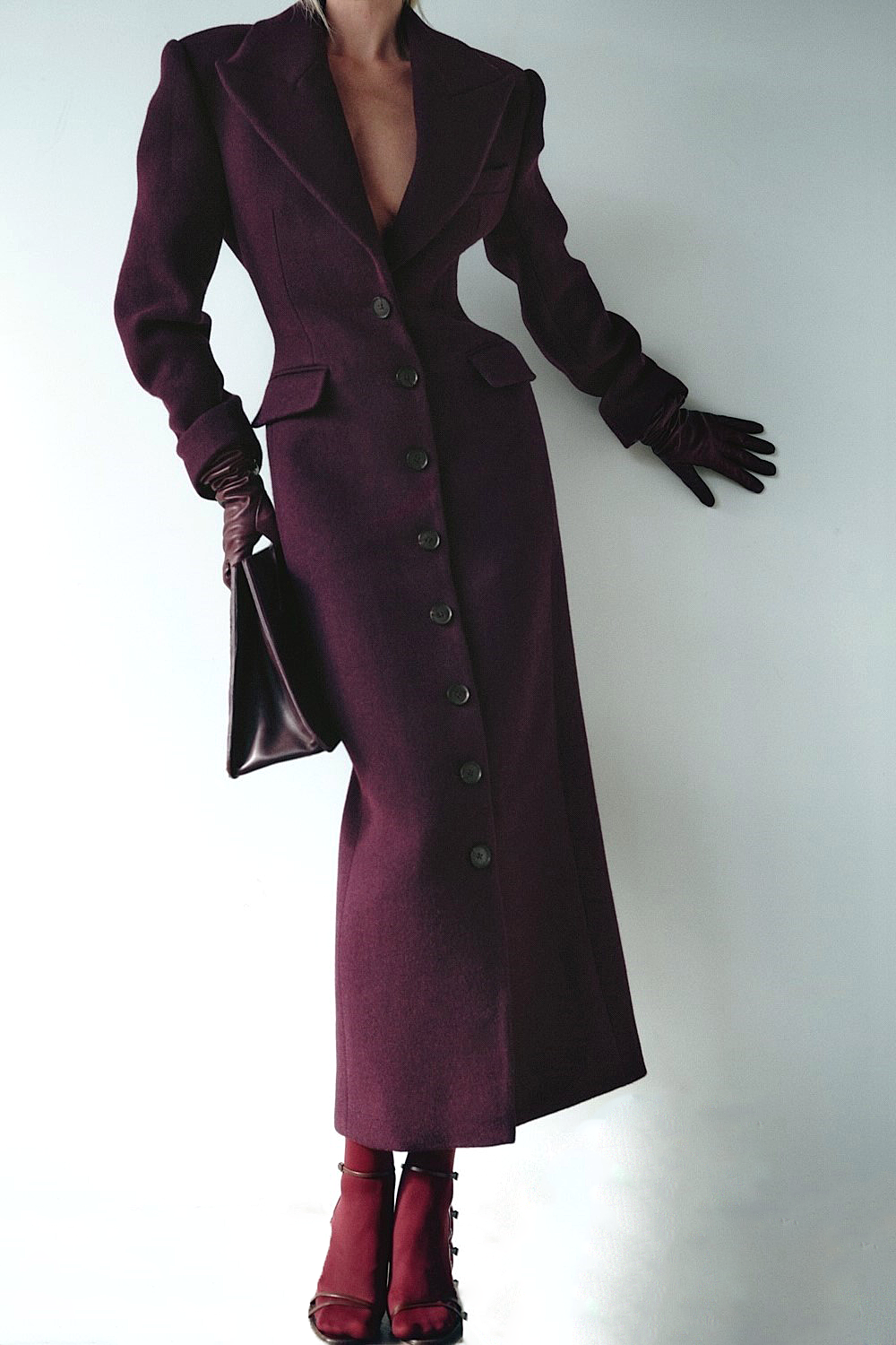 Rikana Lapel Wool Cinched Coat - Wine