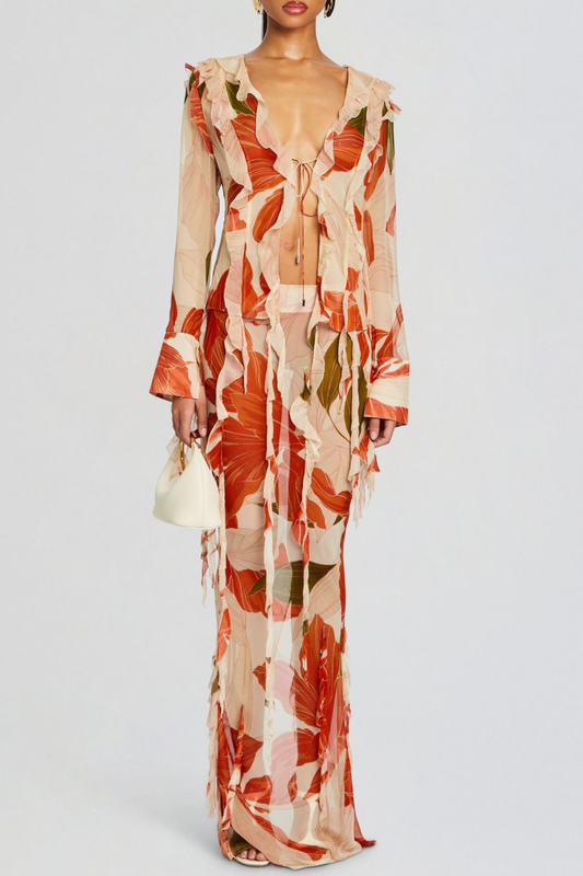 Rolana Floral Print Ruffle Blouse & Maxi Skirt Set