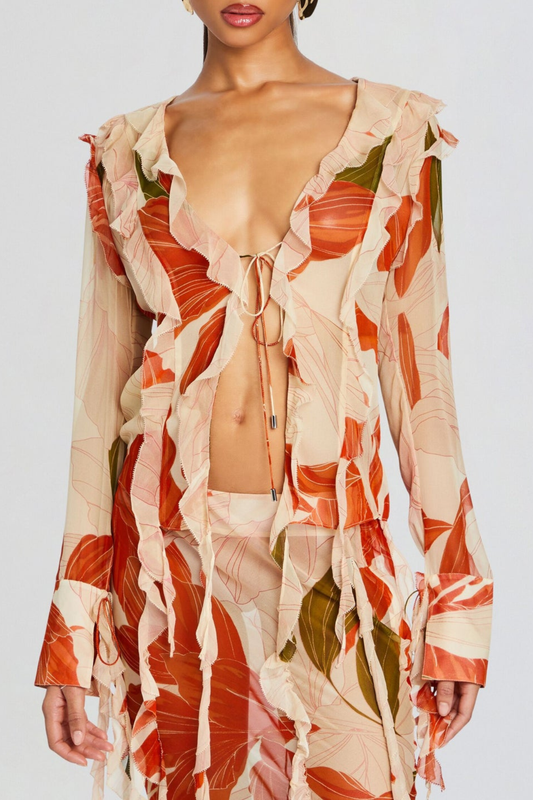 Rolana Floral Print Ruffle Blouse & Maxi Skirt Set