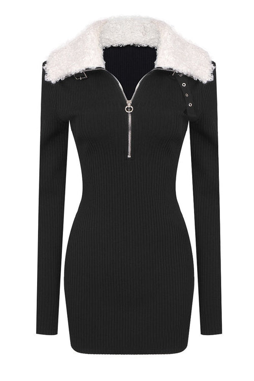 Rylee Fluffy Collared Zip Knit Mini Dress
