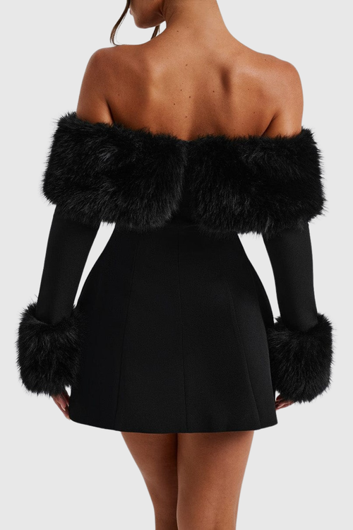 Sayur Faux Fur Off Shoulder Mini Dress