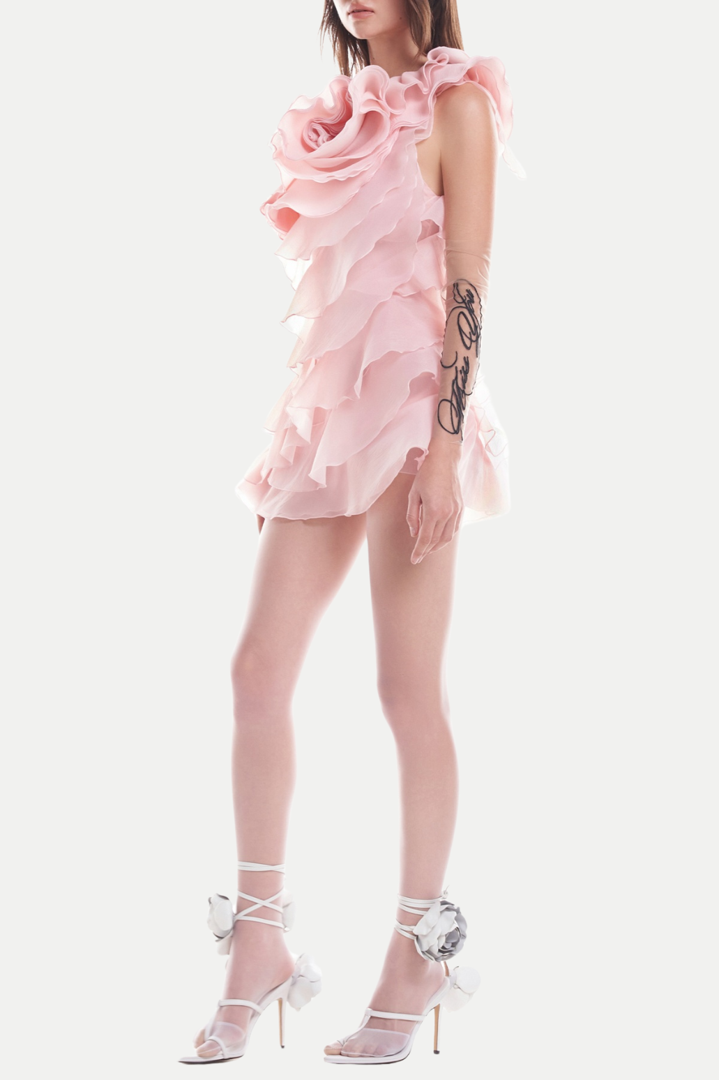 Shelyn Flower One Shoulder Ruffle Mini Dress - Pink