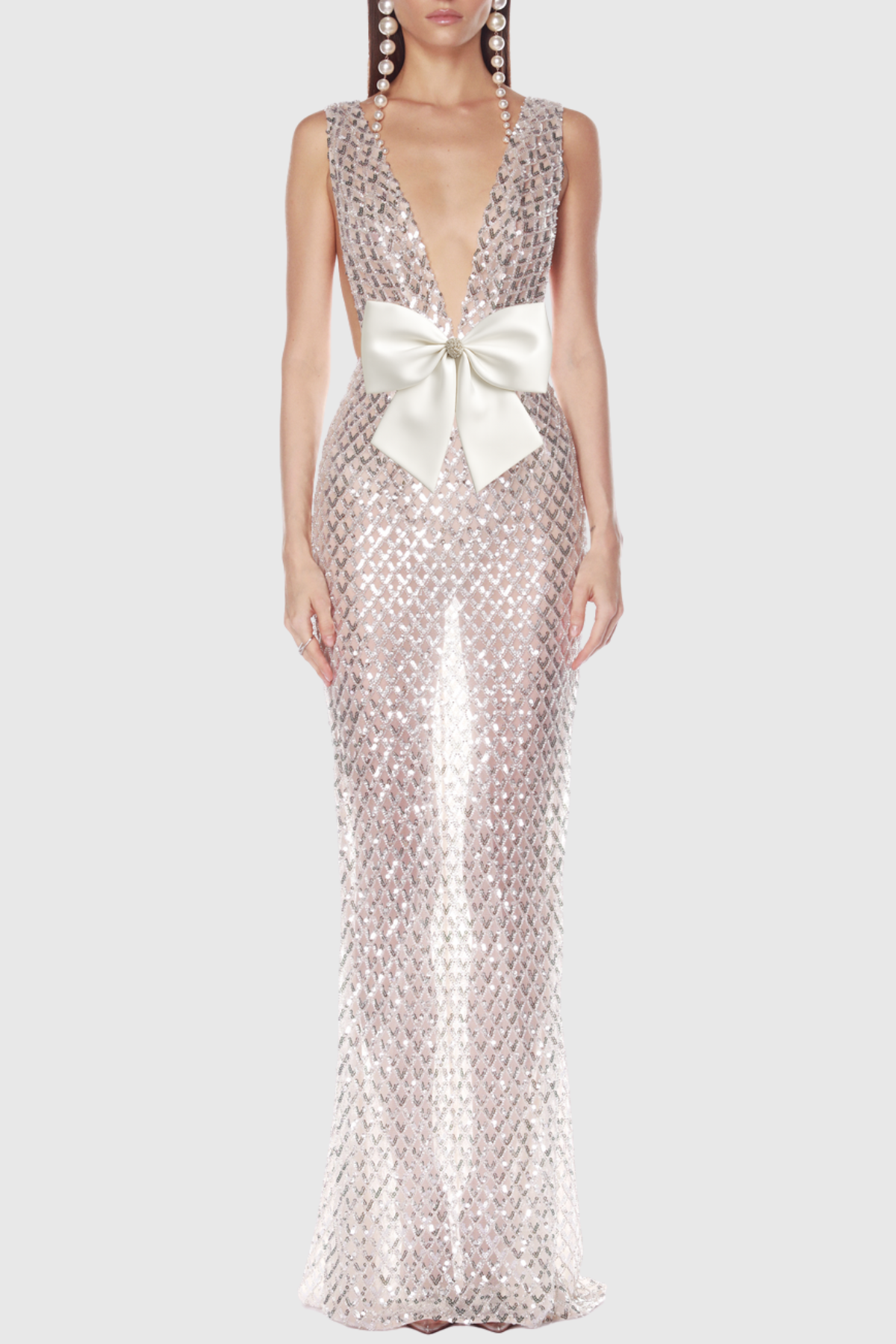 Shirina Bow Embellished Sequin Maxi Dress -Silver-31