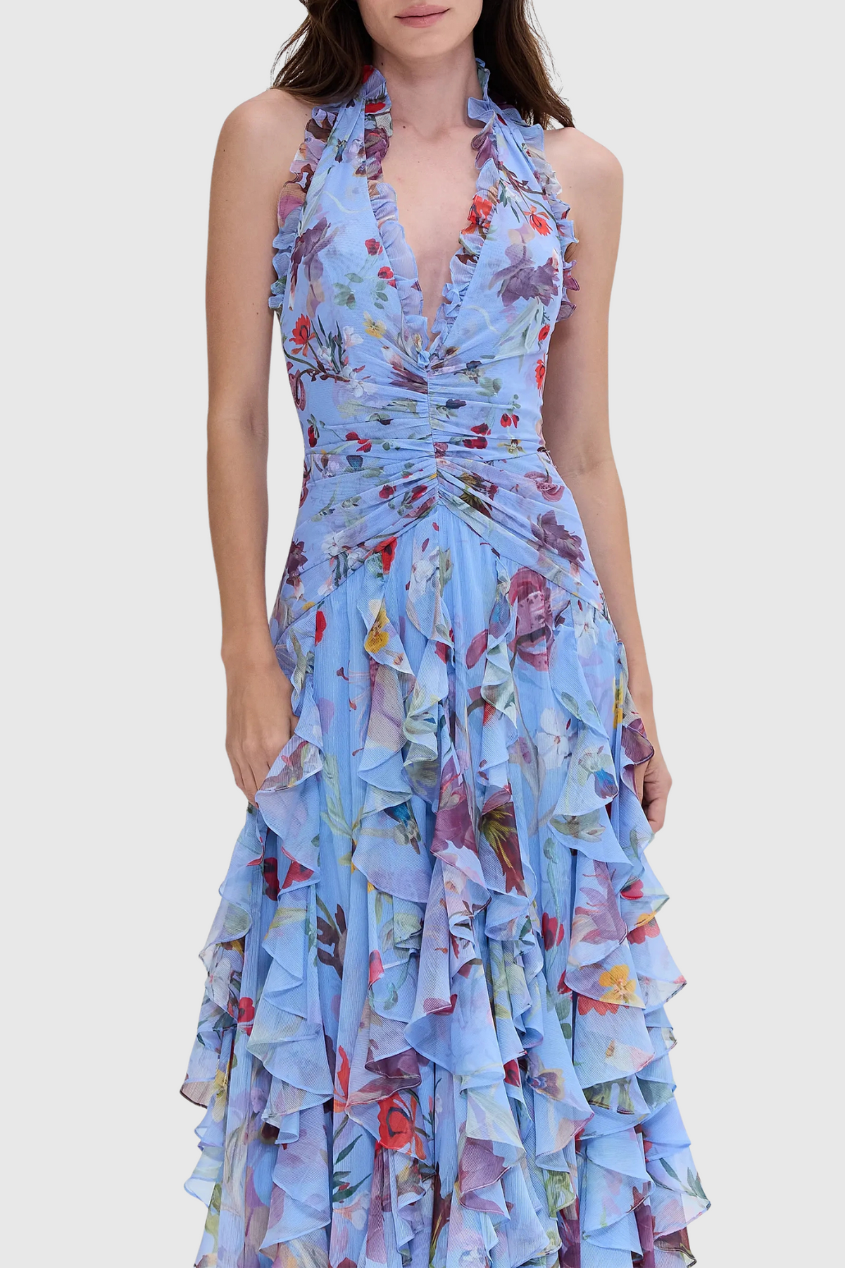 Souza Floral Halter Ruffle Tulle Maxi Dress - Blue