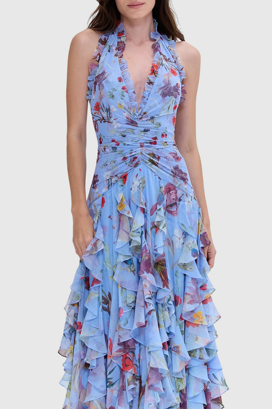 Souza Floral Halter Ruffle Tulle Maxi Dress - Blue