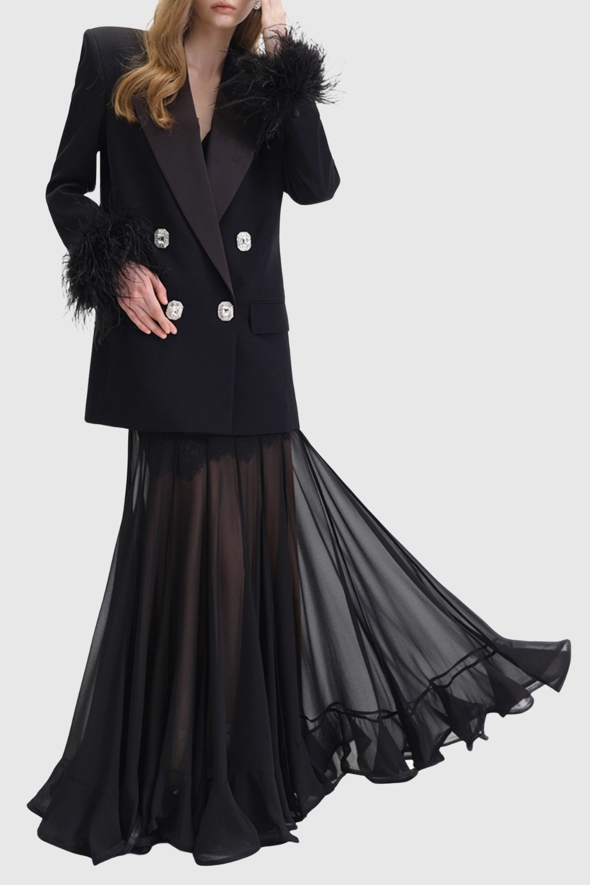 Strara Diamond Buttoned Feather Blazer