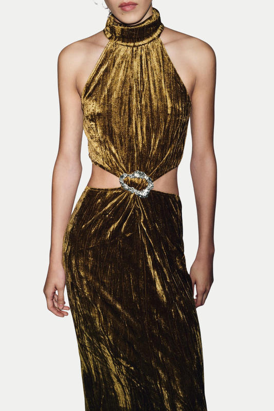 Sudya Halter Velvet Cutout Midi Dress