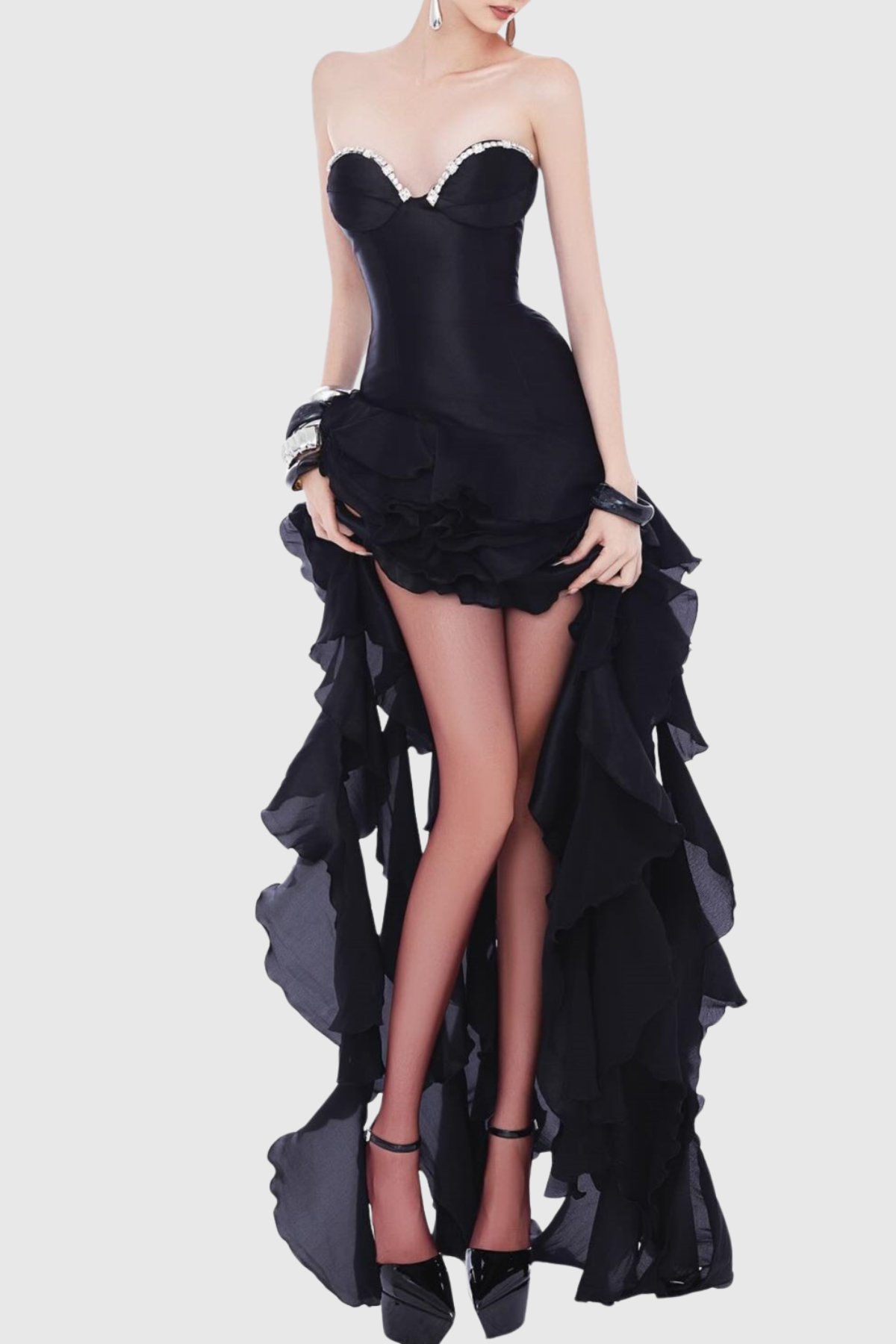 Takara Strapless Ruffle Maxi Dress - Black