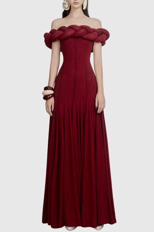 Esmere Off Shoulder Braid Knit Maxi Dress - Wine