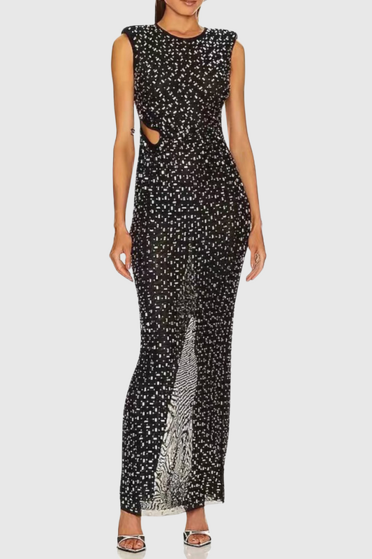 Teryl Rhinestone Embellished Cutout Mesh Maxi Dress