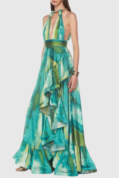 Thata Halter Printed Cutout Ruffle Maxi Dress