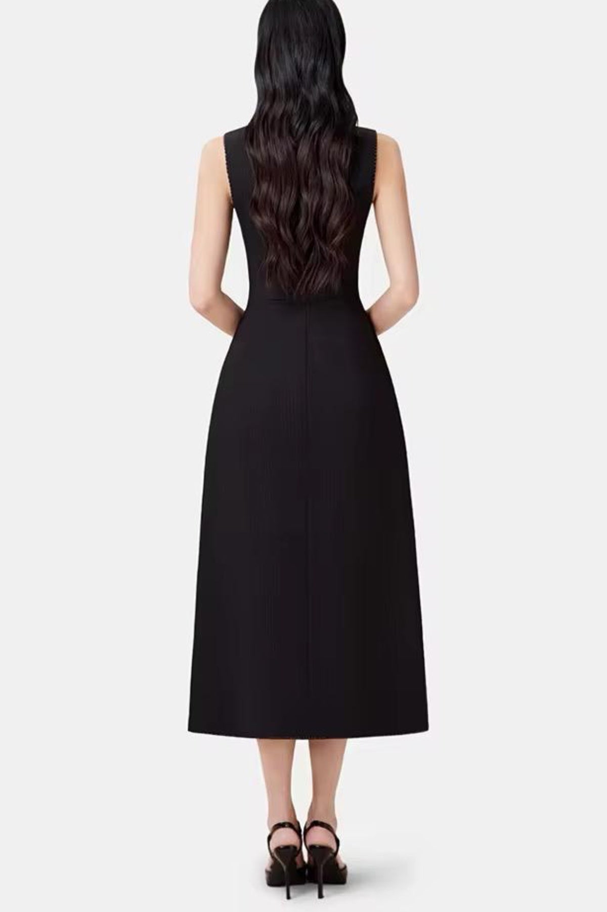 Vequa Asymmetric Collar Sleeveless Midi Dress - Black