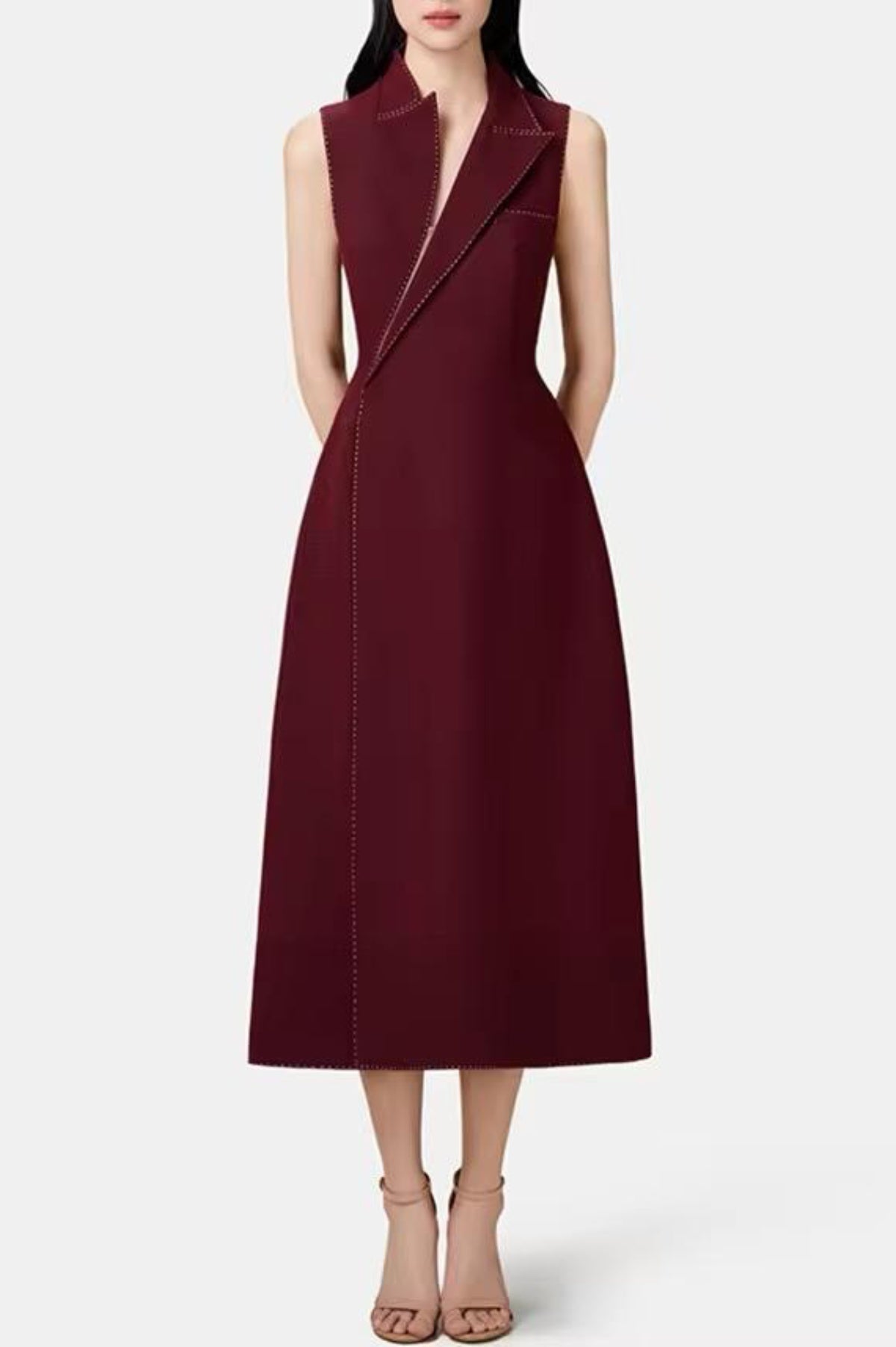Vequa Asymmetric Collar Sleeveless Midi Dress - Wine