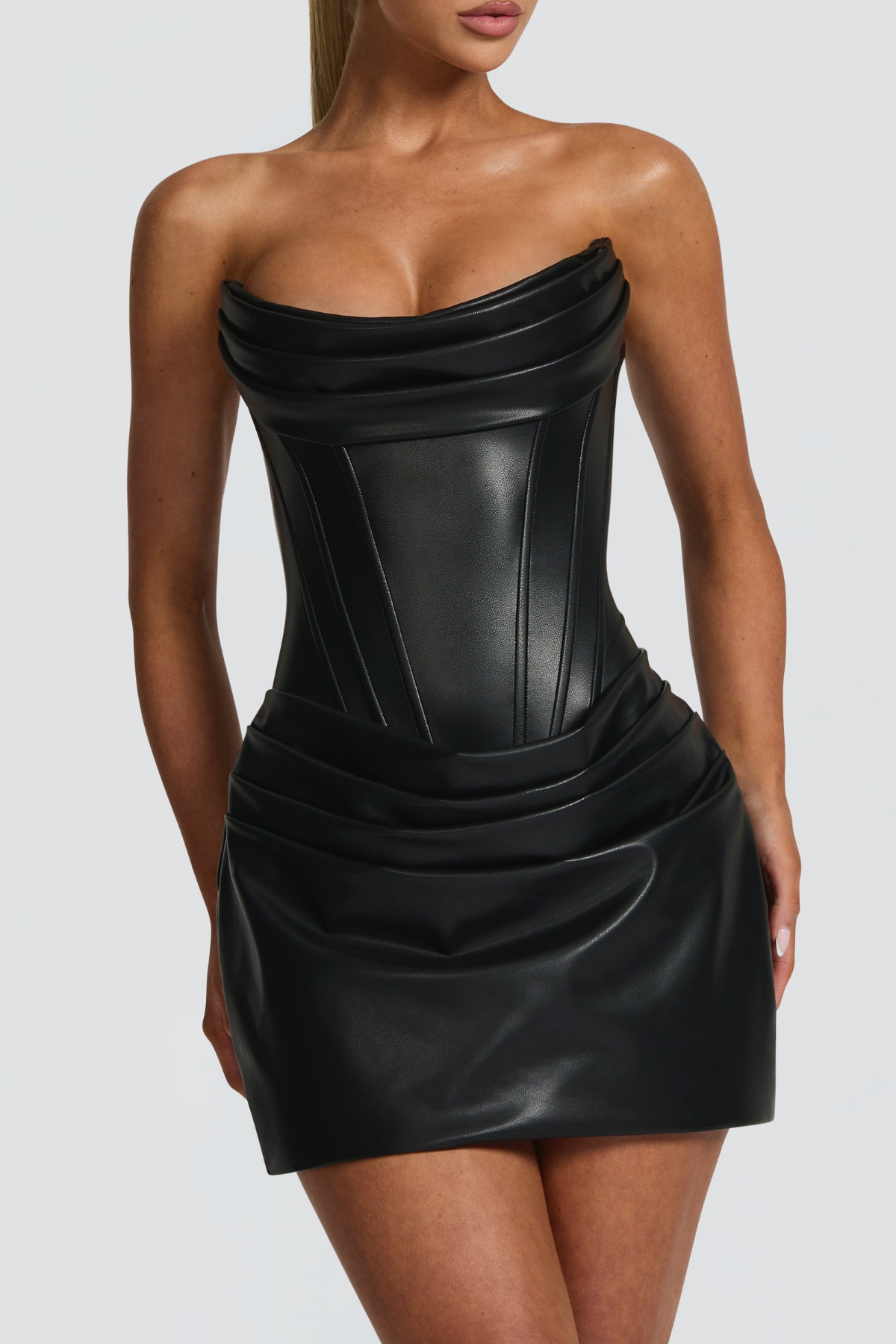 Zaire Strapless Corset Leather Mini Dress - Black