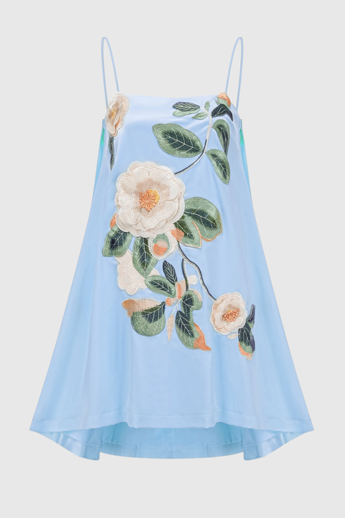 Zaniah Floral Embroidered Satin Mini Dress - Blue