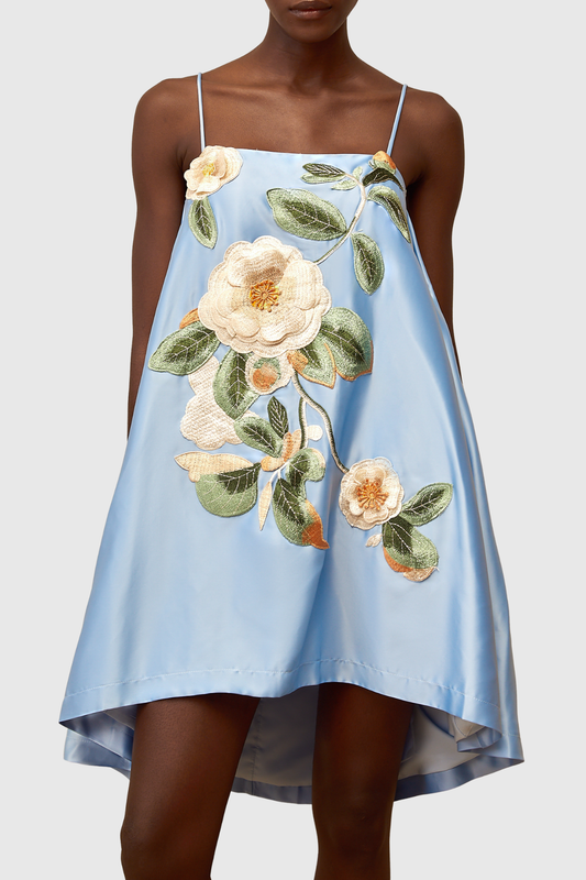 Zaniah Floral Embroidered Satin Mini Dress - Blue