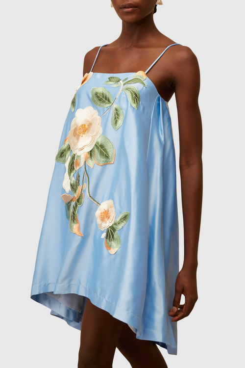 Zaniah Floral Embroidered Satin Mini Dress - Blue