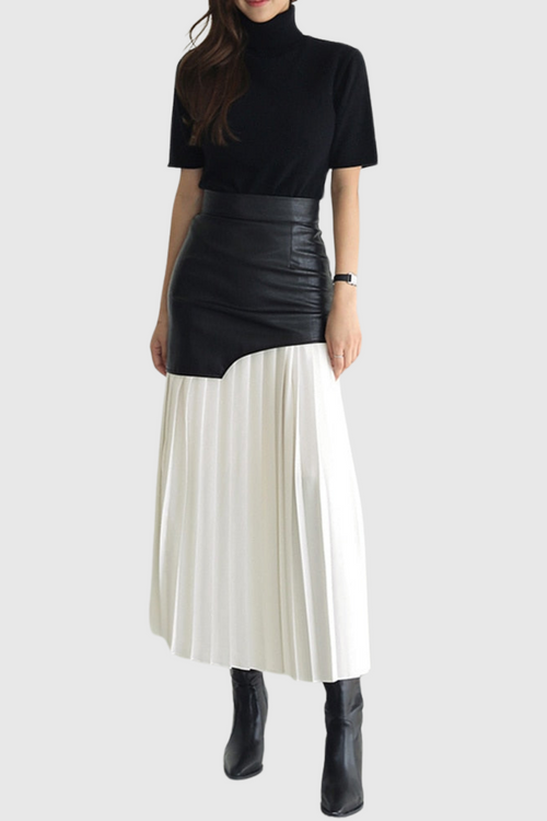 Zenobia Pleated Faux Leather Midi Skirt - White