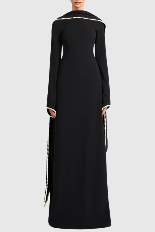 Zisel Pearl Trim Shawl Maxi Dress - Black