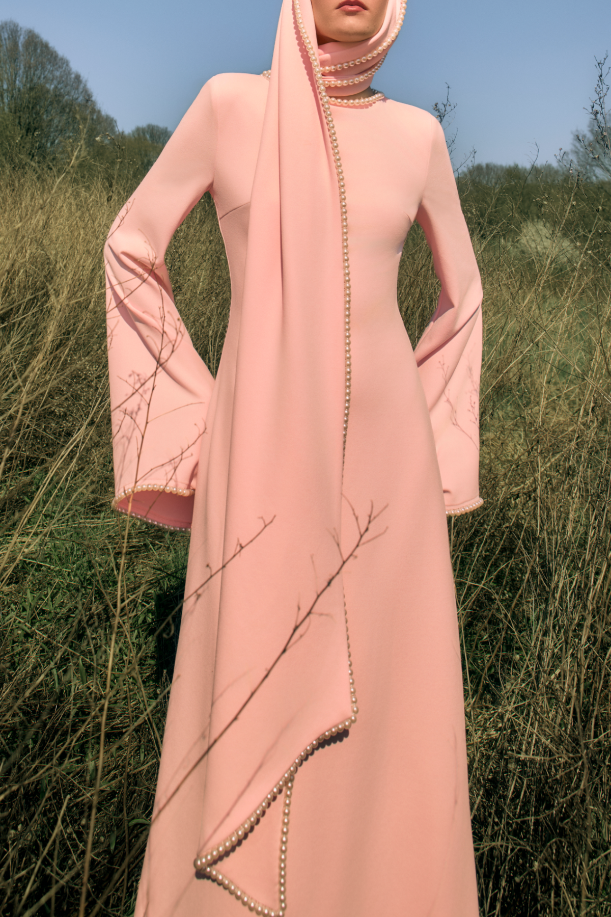 Zisel Pearl Trim Shawl Maxi Dress - Pink