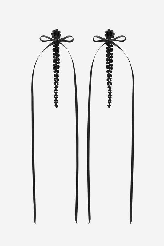 Vihoa Bow Ribbon Crystal Beaded Drip Earrings - Black