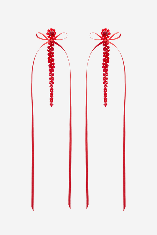 Vihoa Bow Ribbon Crystal Beaded Drip Earrings - Red